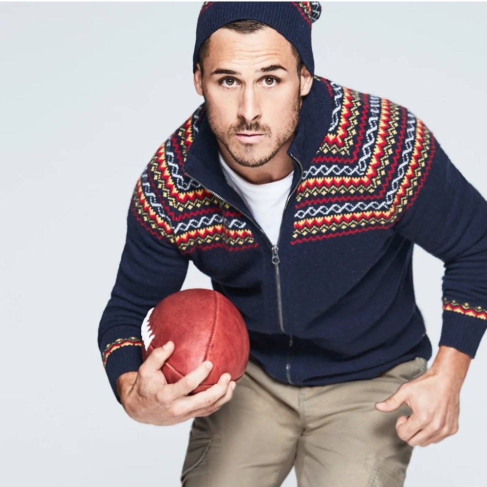 Michael Bastian Mens Navy Lambswool Blend Fair Isle Full Zip Cardigan Sweater M